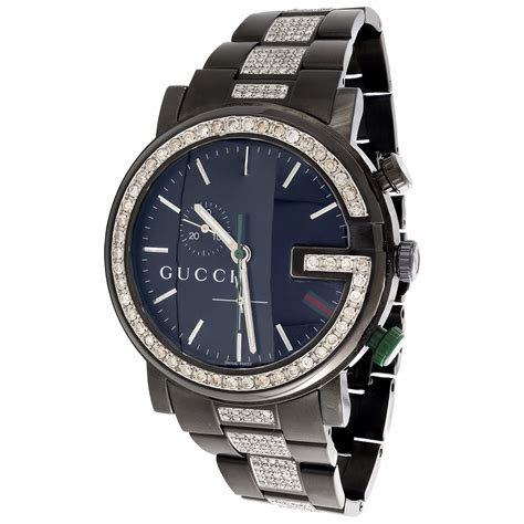 silver gucci watch with diamonds and blue face|men's black diamond gucci watch.